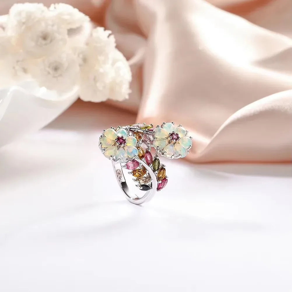 GZ ZONGFA 925 Sterling Silver Flower Ring with Natural Opal & Tourmaline