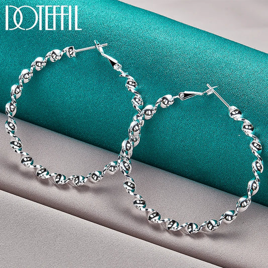 DOTEFFIL 925 Sterling Silver 45mm Circle Wave Hoop Earrings – Modern Elegance with a Unique Twist