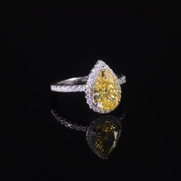 GEM'S BALLET Pear Shape Diamond-fire CZ Fancy Light Yellow Halo Engagement Ring – A Stunning Statement Piece