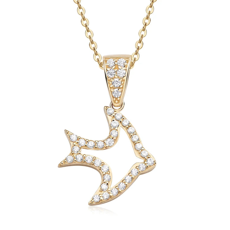 Raprgold 14K Solid Gold Cubic Zirconia Animal Pendant with 925 Silver Link Chain 20'' Delicate Necklace In The Shape Of A Fish