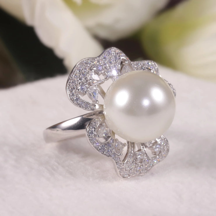 GEM'S BALLET Art Deco Freshwater Pearl Engagement Ring – Vintage Elegance