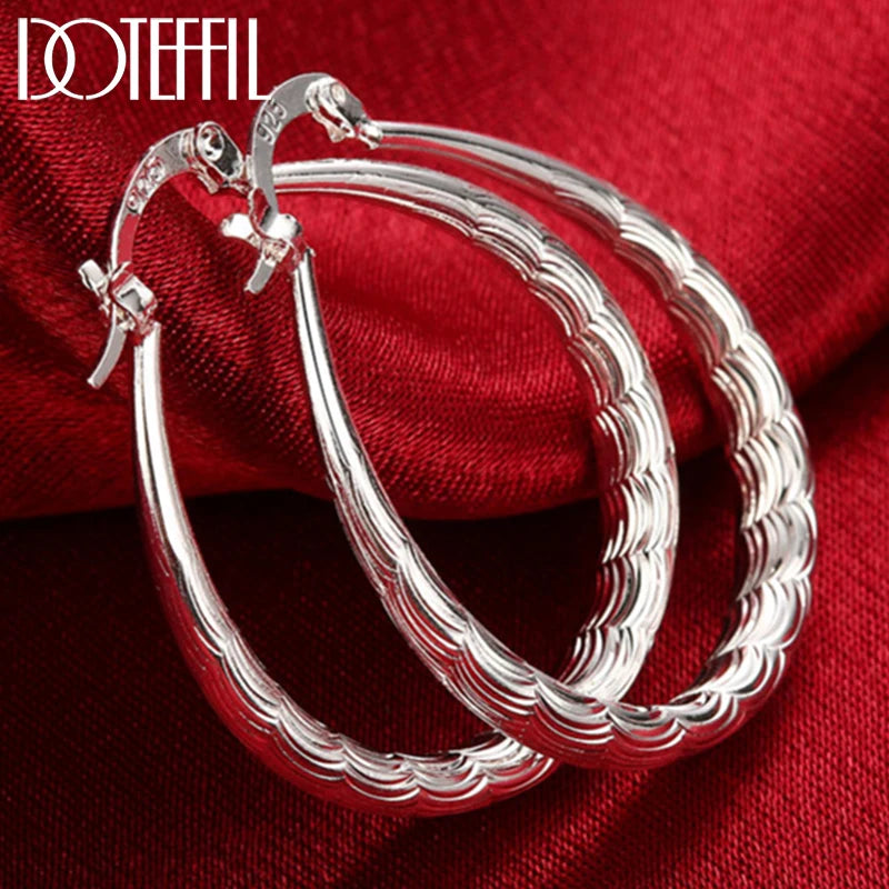 DOTEFFIL 925 Sterling Silver Circle Hoop Wave Pattern Charm Earrings Women Party Gift Fashion Wedding Engagement Jewelry