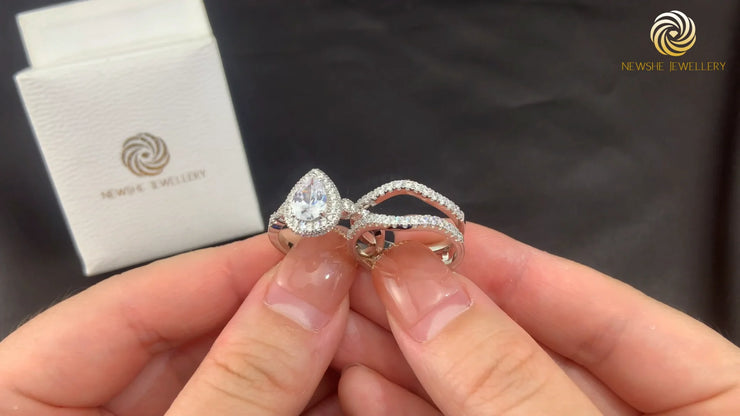 Newshe 2 Pieces 925 Sterling Silver Engagement Ring Enhancer Wedding Band for Women Pear Cut AAAAA Zircon Jewelry Size 4-13
