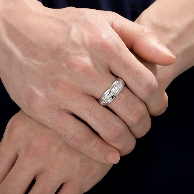 Newshe Elegant Mens Wedding Band 925 Sterling Silver Full Moissanite Rings for Him Half Eternity Round Engagement Ring
