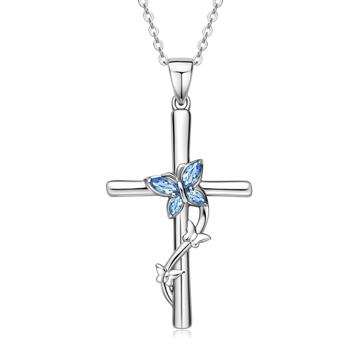 RAPRGOLD 925 Sterling Silver Butterfly Cross Necklace Marquise Cut Blue Cubic Zirconia Pendant Necklaces Fashion Jewelry Gifts