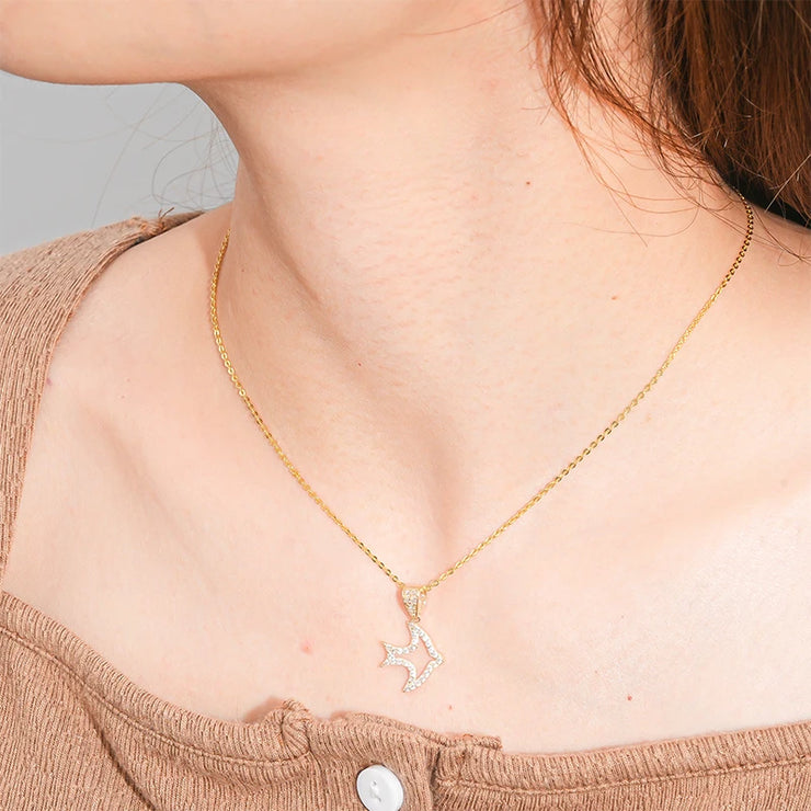 Raprgold 14K Solid Gold Cubic Zirconia Animal Pendant with 925 Silver Link Chain 20'' Delicate Necklace In The Shape Of A Fish