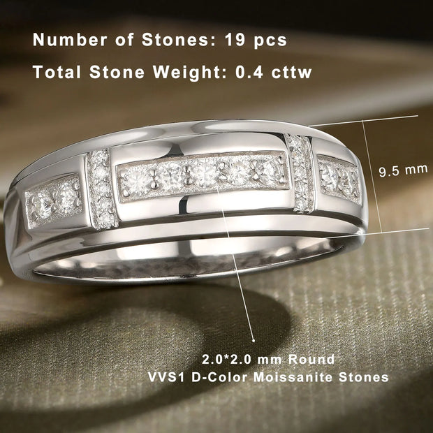 Newshe Elegant Mens Wedding Band 925 Sterling Silver Full Moissanite Rings for Him Half Eternity Round Engagement Ring