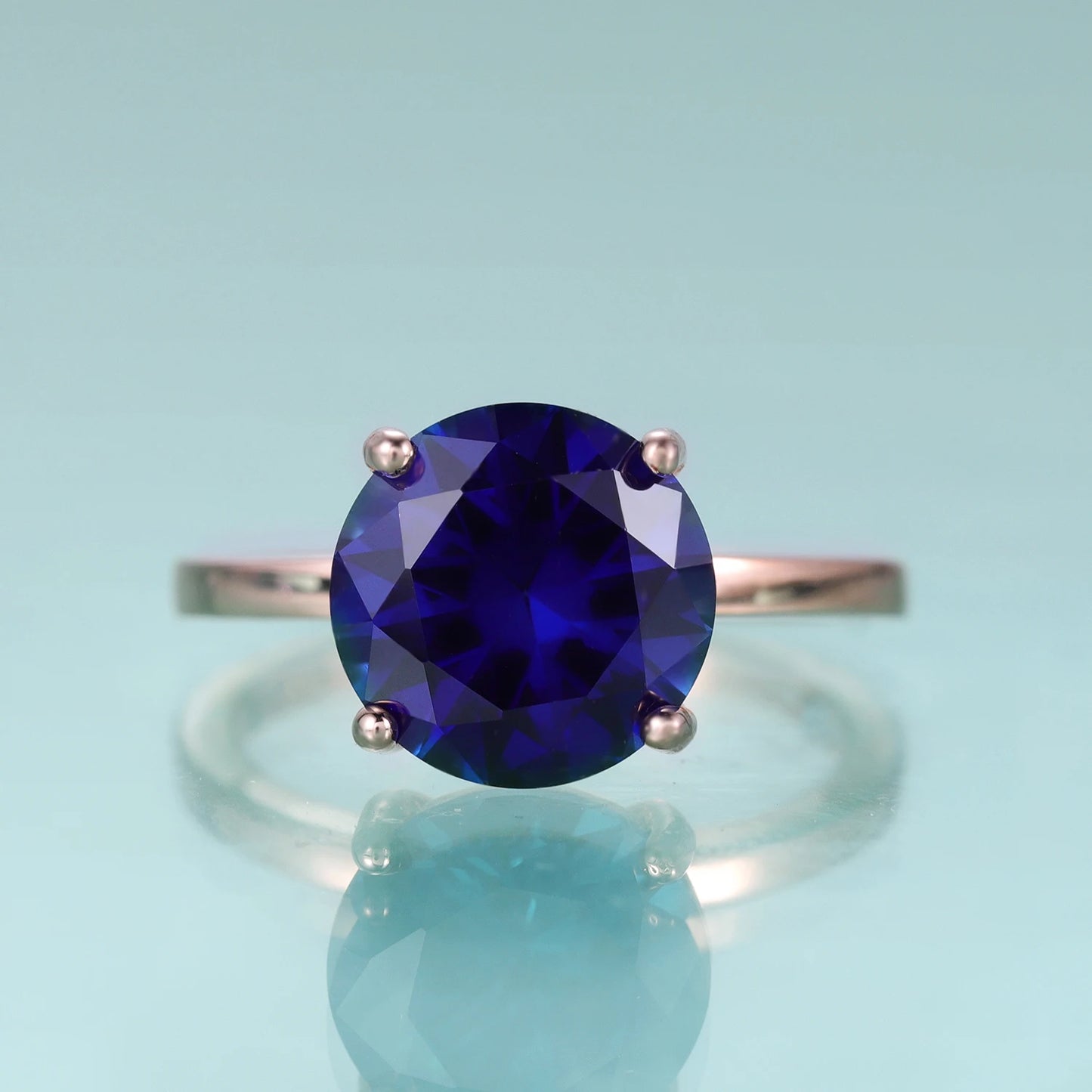 GEM'S BALLET Round Lab Blue Sapphire Four Prong Solitaire Engagement Rings 925 Sterling Silver Gemstone Ring Gift For Her