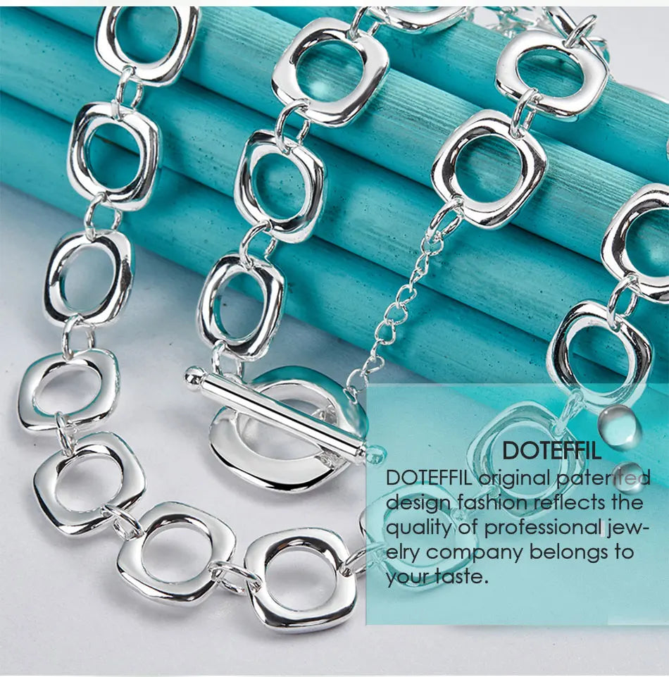 925 Sterling Silver Square Round Chain Necklace