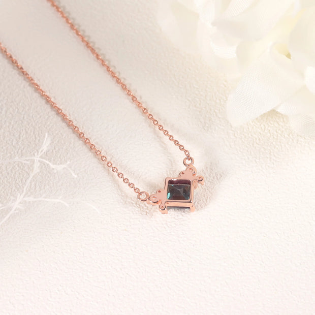 GEM'S BALLET Square 5x5mm Color Change Lab Alexandrite Rose Gold Plated 925 Sterling Silver June Birthstone Pendant Necklace