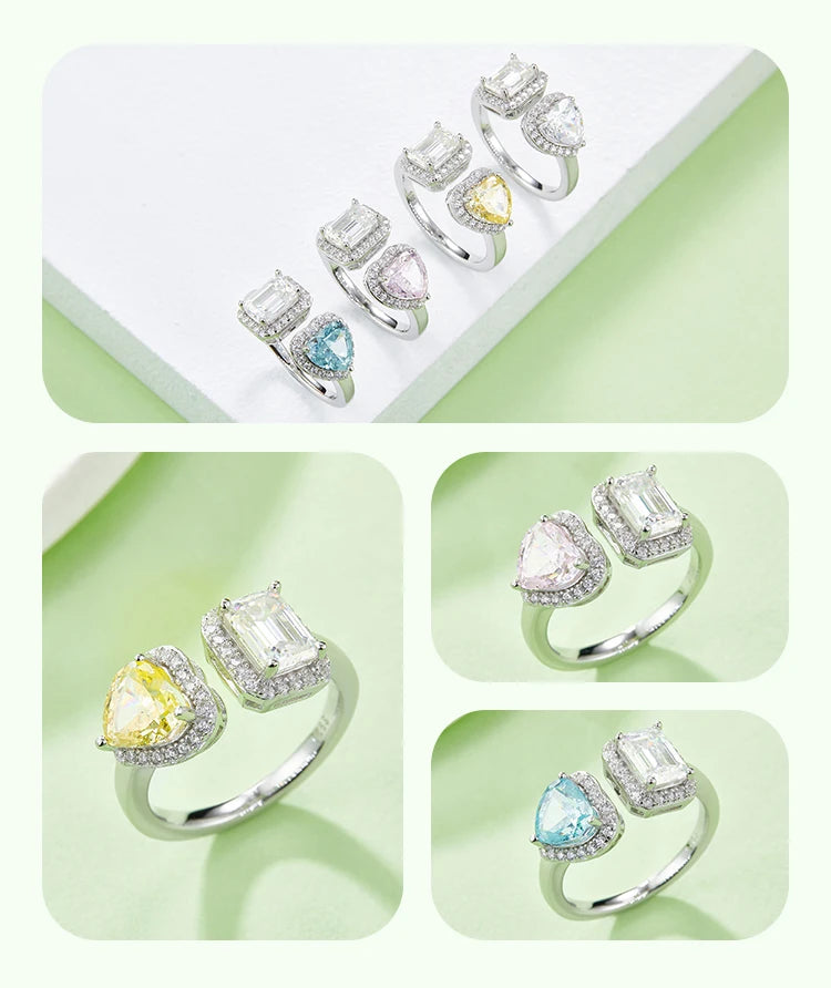 GEM'S BALLET Toi Et Moie Ring Heart High Carbon Diamond Emerald Cut Moissanite Engagement Rings in 925 Sterling Silver