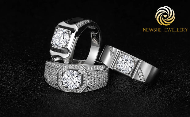 Newshe Moissanite Rings for Men 925 Sterling Silver Solitaire Round 1.0 Ct Diamond Ring Promise Wedding Band Luxury Jewelry