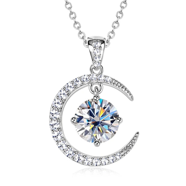 RAPRGOLD 8mm Round Moissanite Ladies Pendant Necklace 925 Sterling Silver Fashion Sun Moon Necklaces for Women Jewelry Gift