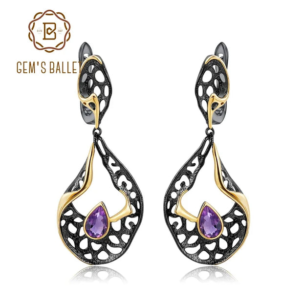 GEM'S BALLET 925 Sterling Silver Gemstones Fine Jewelry 0.76Ct Natural Amethyst Handmade Hollow Element Drop Earrings for Women