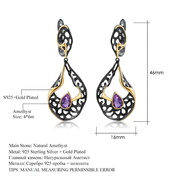 GEM'S BALLET 925 Sterling Silver Gemstones Fine Jewelry 0.76Ct Natural Amethyst Handmade Hollow Element Drop Earrings for Women