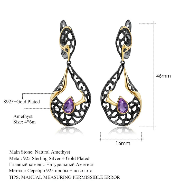 GEM'S BALLET 925 Sterling Silver Gemstones Fine Jewelry 0.76Ct Natural Amethyst Handmade Hollow Element Drop Earrings for Women