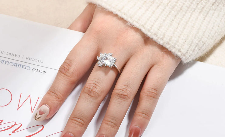 Newshe 925 Sterling Silver East To West Ring Emerald Cut Solitaire Wedding Engagement Rings for Women 5A Cubic Zirconia Jewelry