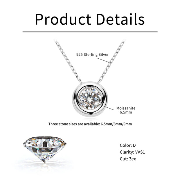 RAPRGOLD 925 Sterling Silver Ladies Necklaces 6.5mm/8mm/9mm Round Moissanite Pendant Necklace for Fine Fashion Jewelry Gifts