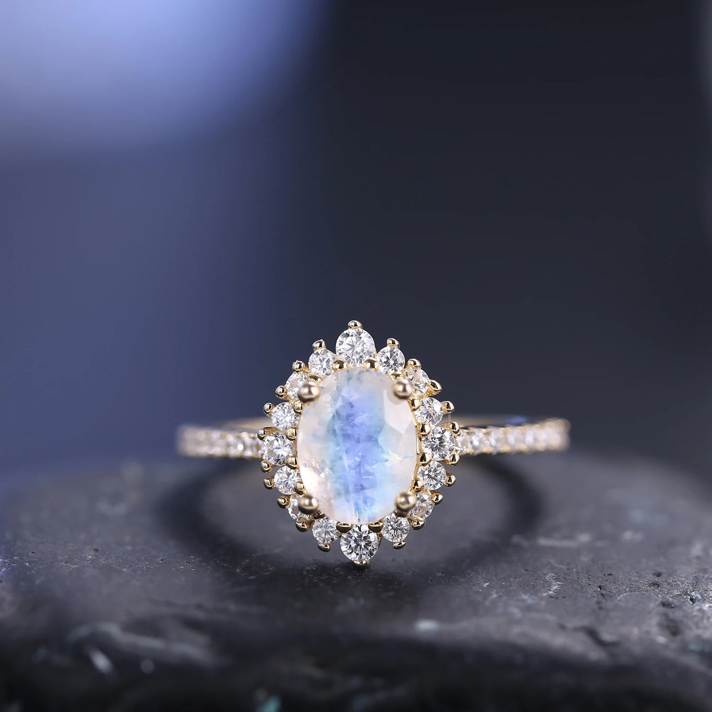 GEM'S BALLET Women's Gold Ring Natural Milky Blue Moonstone Cluster Halo Engagement Rings in 925 Sterling Silver Gift For Her