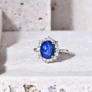 GEM'S BALLET Lab Blue Lindy Star Sapphire Halo Ring – Elegant Cocktail Jewelry