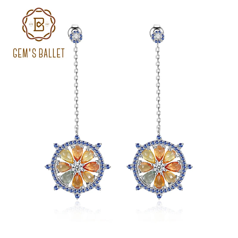 "Romantic Garden" Multi-color Natural Sapphire Gemstone Drop Earrings in 925 Sterling Silver Handmade