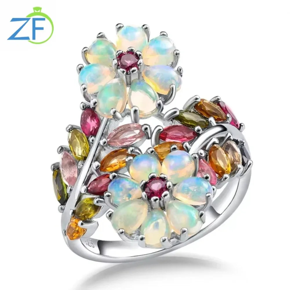 GZ ZONGFA 925 Sterling Silver Flower Ring with Natural Opal & Tourmaline