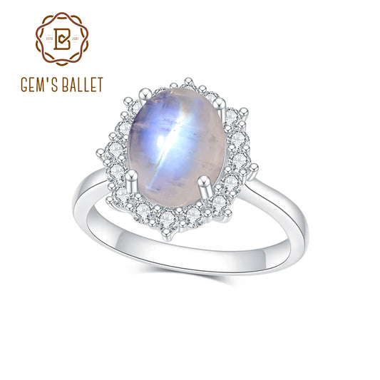 GEM'S BALLET Oval 8X10mm Natural Milky Blue Moonstone Gemstone Ring Engagement Wedding Ring in 925 Sterling Silver Gift For Her