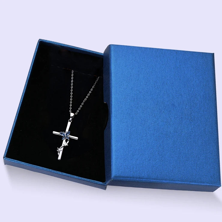 RAPRGOLD 925 Sterling Silver Butterfly Cross Necklace Marquise Cut Blue Cubic Zirconia Pendant Necklaces Fashion Jewelry Gifts