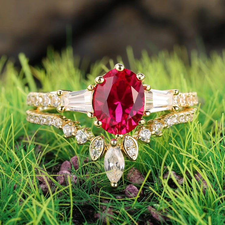 GEM'S BALLET Oval Cut Lab Ruby Wedding Ring – Timeless Elegance