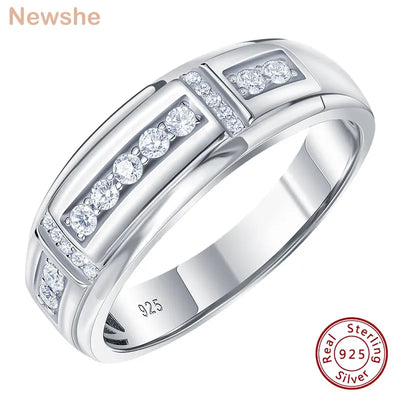 Newshe Elegant Mens Wedding Band 925 Sterling Silver Full Moissanite Rings for Him Half Eternity Round Engagement Ring