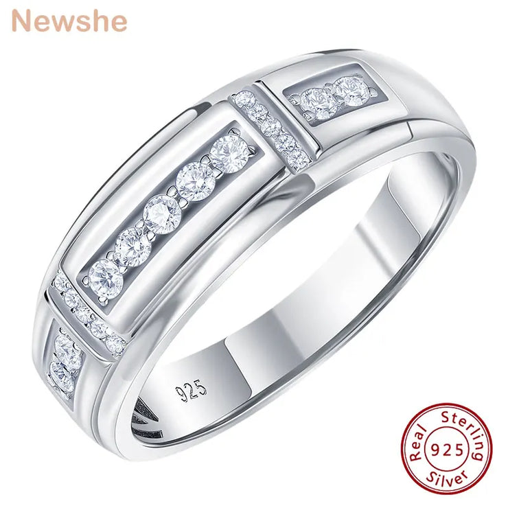 Newshe Elegant Mens Wedding Band 925 Sterling Silver Full Moissanite Rings for Him Half Eternity Round Engagement Ring