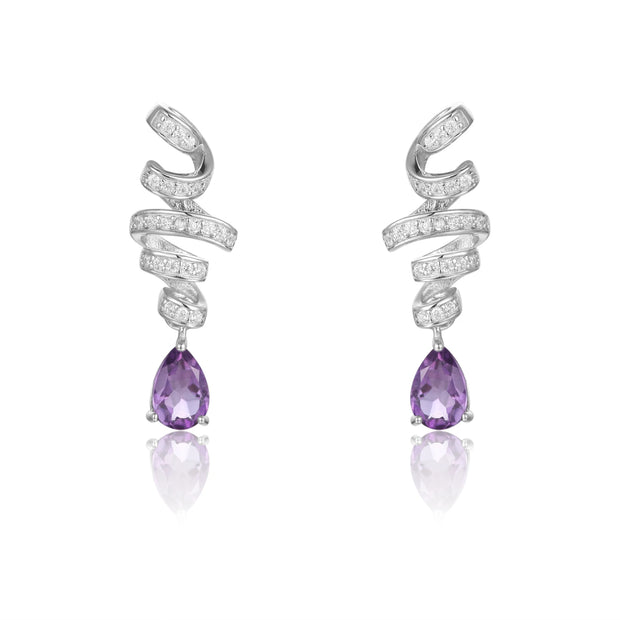 GEM'S BALLET Ribbon Swirl Earrings 5x7mm Pear Shape Natural Amethyst Gemstone Drop Earrings in 925 Stering SIlver Gift For Her