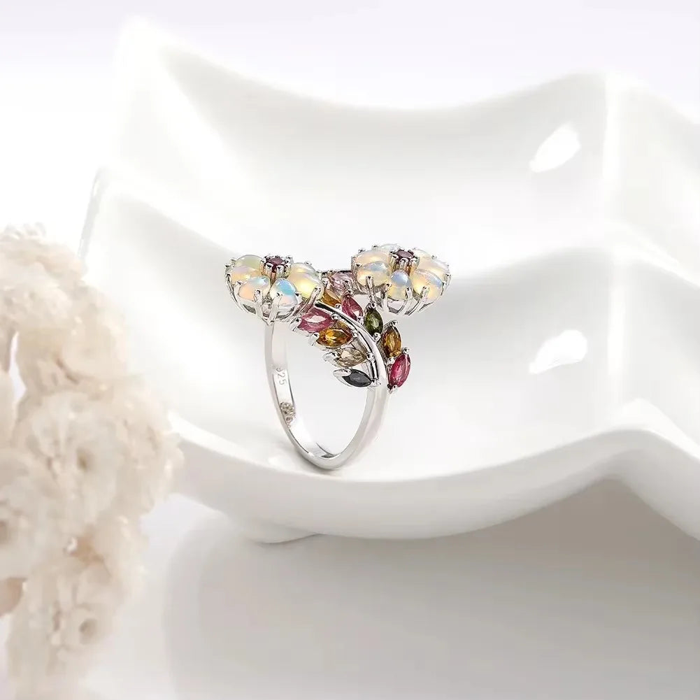 GZ ZONGFA 925 Sterling Silver Flower Ring with Natural Opal & Tourmaline