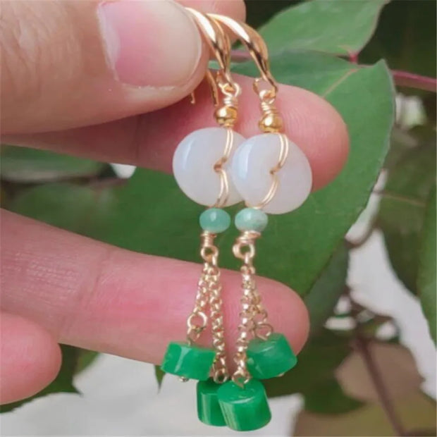 Elegant Natural white green jade Earrings Ping Buckle 18KGP Teens Dangle Beaded Women Gemstone Party Hoop Clip-on Meisje