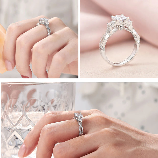 Newshe Genuine 925 Sterling Silver Three Princess Cut AAAAA CZ Infinite Engagement Rings for Women Fine Wedding Jewelry