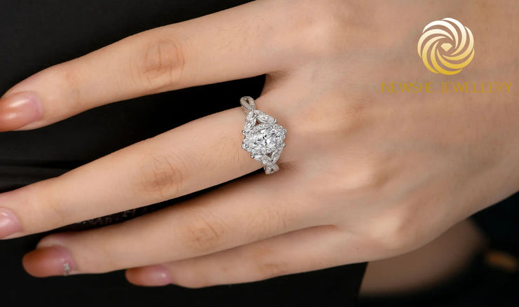 Newshe Glamorous 925 Silver Engagement Rings for Women Art Deco Halo Marquise Cubic Zircon Simulated Diamond Wedding Jewelry