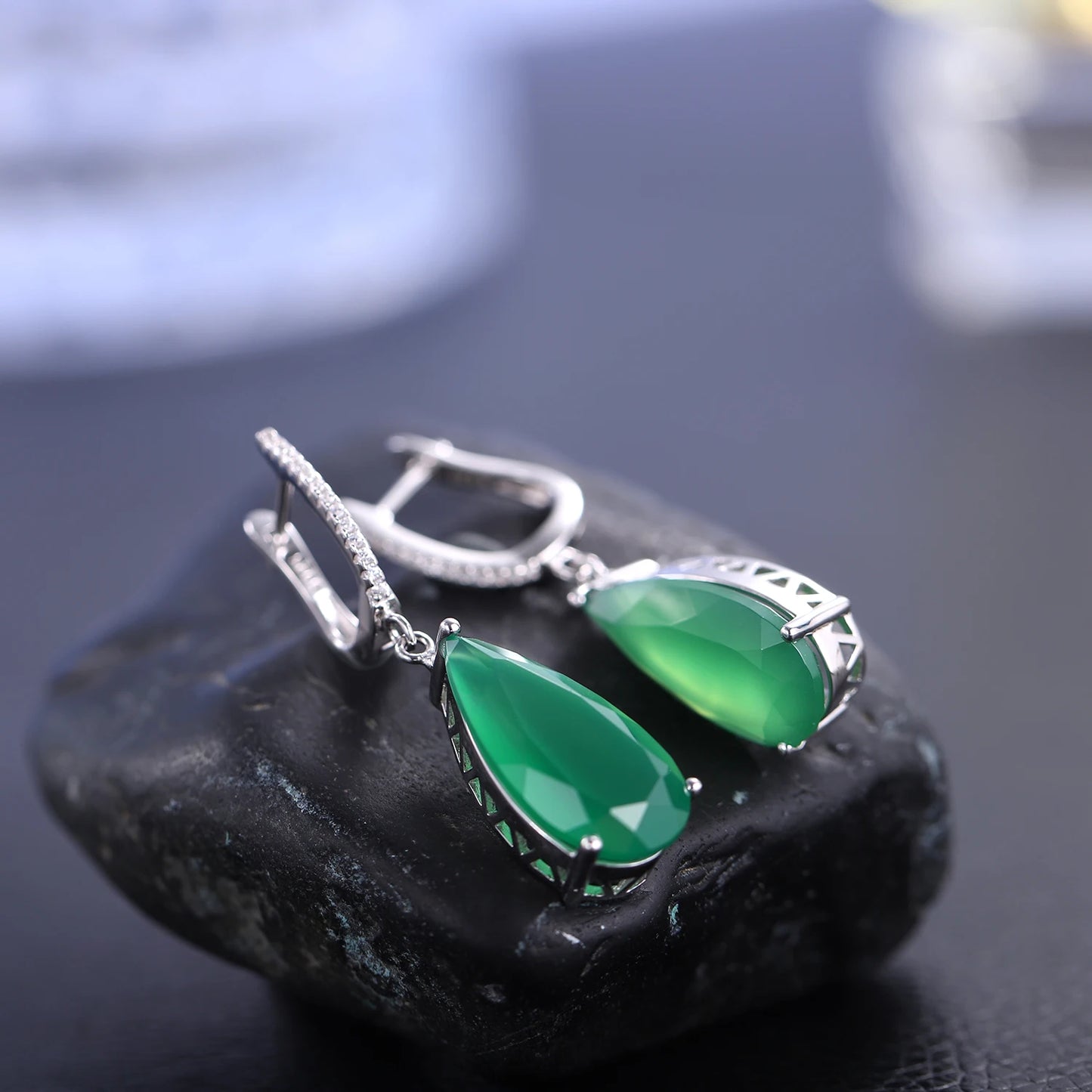 Gems Ballet 10.82ct 10x20mm Natural Green Agate Drop Earrings Fine Jewelry Solid 925 Sterling Silver Gorgeous Earrings For Women