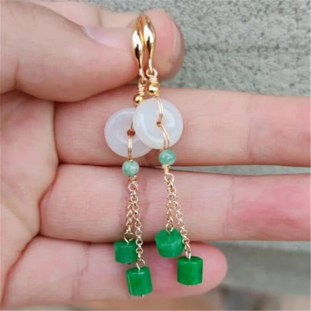 Elegant Natural white green jade Earrings Ping Buckle 18KGP Teens Dangle Beaded Women Gemstone Party Hoop Clip-on Meisje
