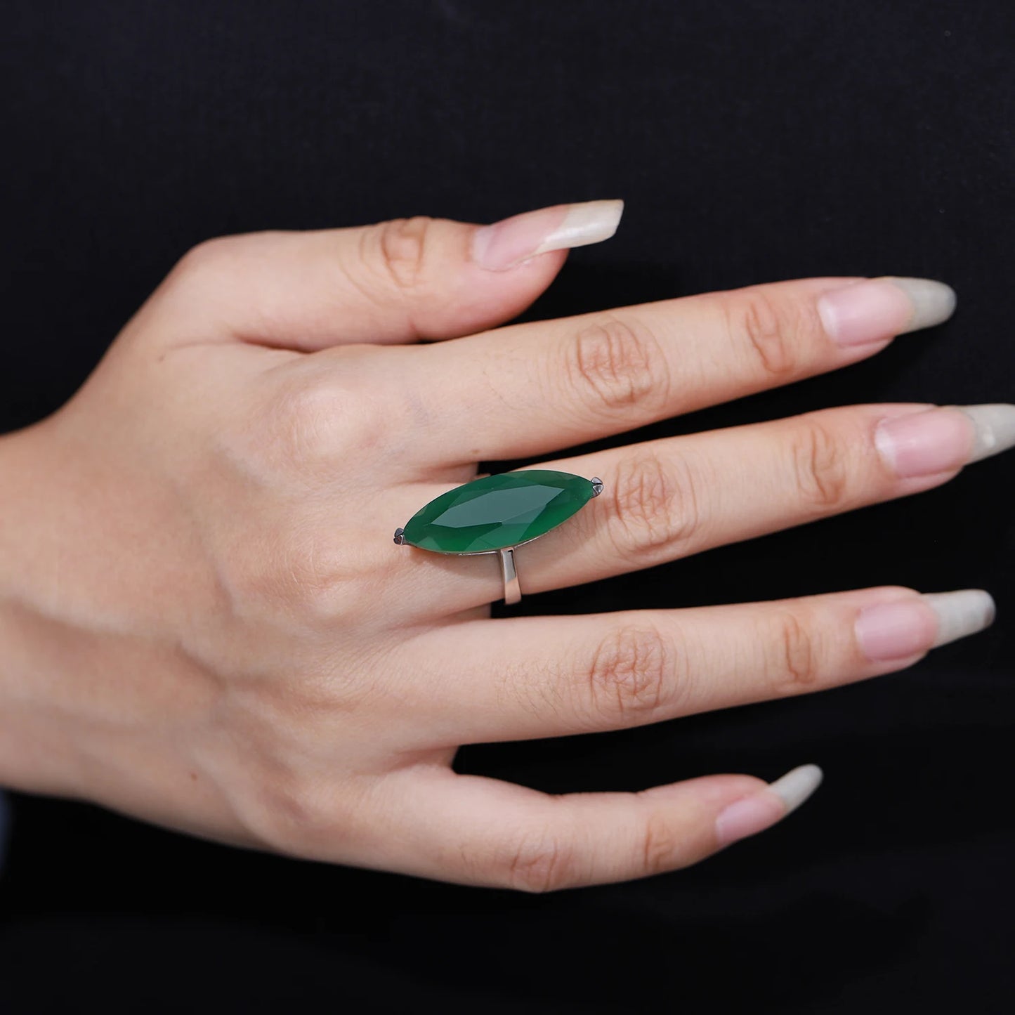 Marquise Shape Natural Green Agate Gemstone Ring 925 Sterling Silver