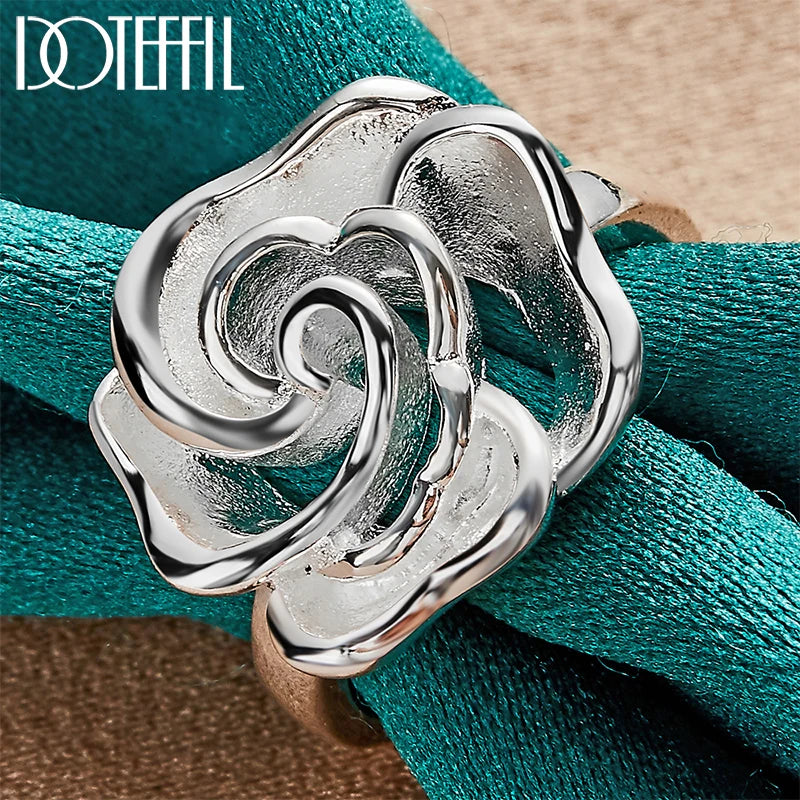 DOTEFFIL 925 Sterling Silver Rose Flower Blossoms Ring For Woman Fashion Wedding Engagement Party Gift Charm Jewelry