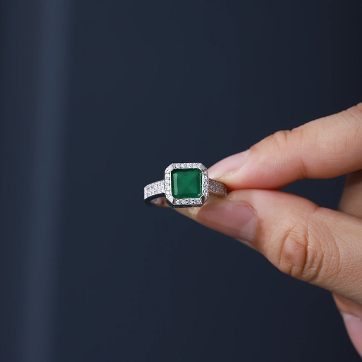 GEM'S BALLET Art Deco Onyx Ring with 2.2Ct Natural Green Agate – Vintage Elegance
