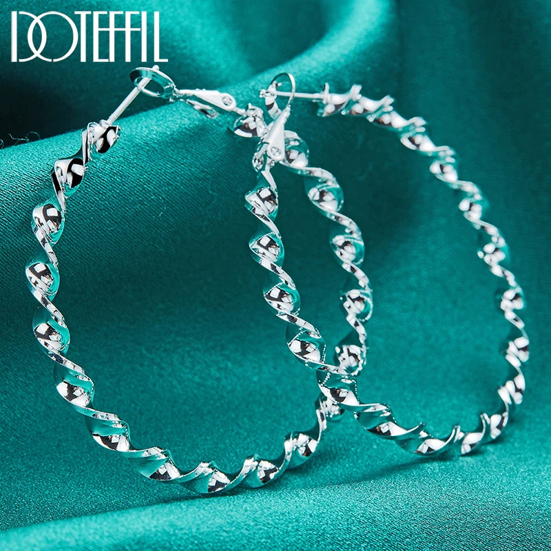 DOTEFFIL 925 Sterling Silver 45mm Circle Wave Hoop Earring For Woman Fashion Party Wedding Engagement Party Jewelry