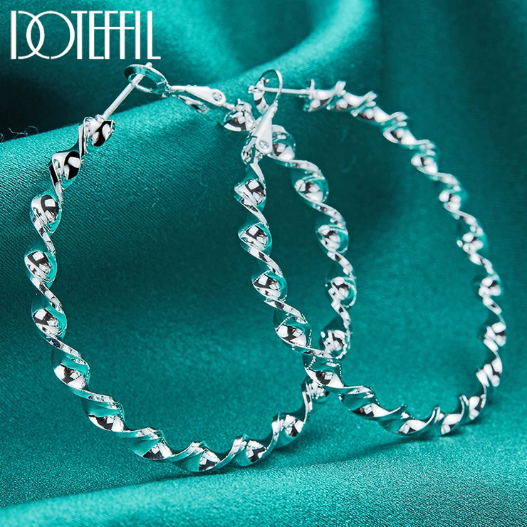 DOTEFFIL 925 Sterling Silver 45mm Circle Wave Hoop Earrings – Modern Elegance with a Unique Twist