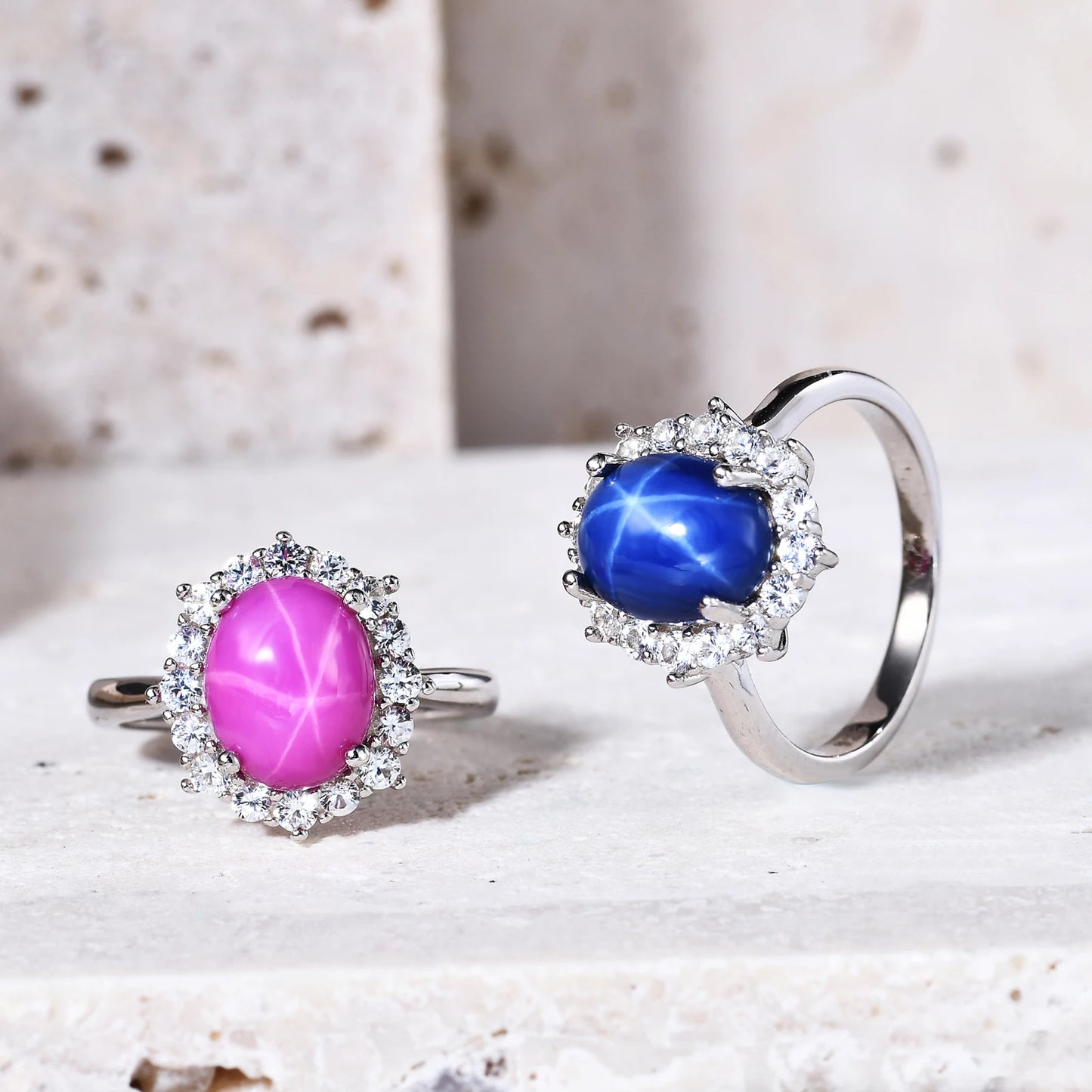 GEM'S BALLET Gemstone Cocktail Ring Lab Blue Lindy Star Sapphire Halo Engagement Rings in 925 Sterling Silver Gift For Her