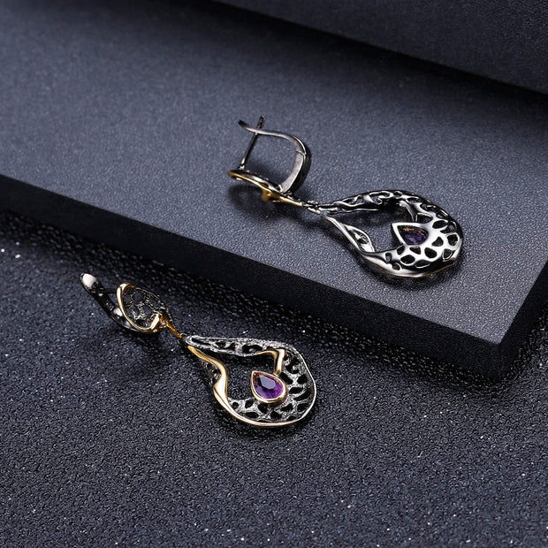 GEM'S BALLET 925 Sterling Silver Gemstones Fine Jewelry 0.76Ct Natural Amethyst Handmade Hollow Element Drop Earrings for Women