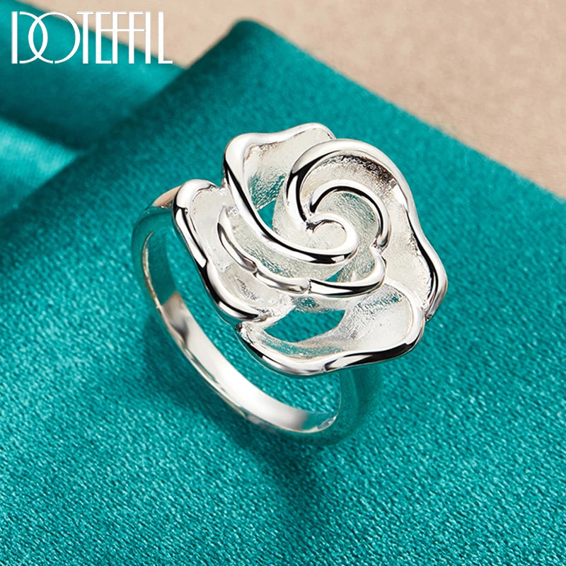 DOTEFFIL 925 Sterling Silver Rose Flower Blossoms Ring For Woman Fashion Wedding Engagement Party Gift Charm Jewelry