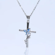 RAPRGOLD 925 Sterling Silver Butterfly Cross Necklace Marquise Cut Blue Cubic Zirconia Pendant Necklaces Fashion Jewelry Gifts