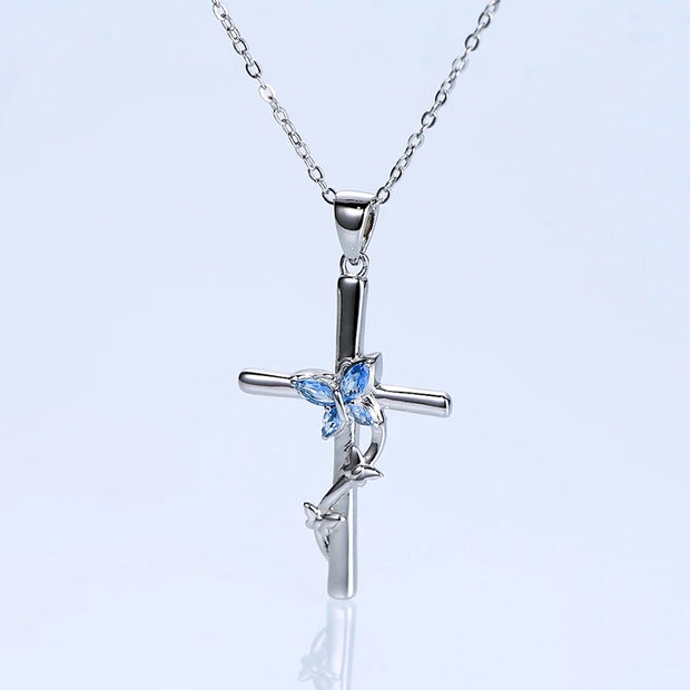 RAPRGOLD 925 Sterling Silver Butterfly Cross Necklace Marquise Cut Blue Cubic Zirconia Pendant Necklaces Fashion Jewelry Gifts