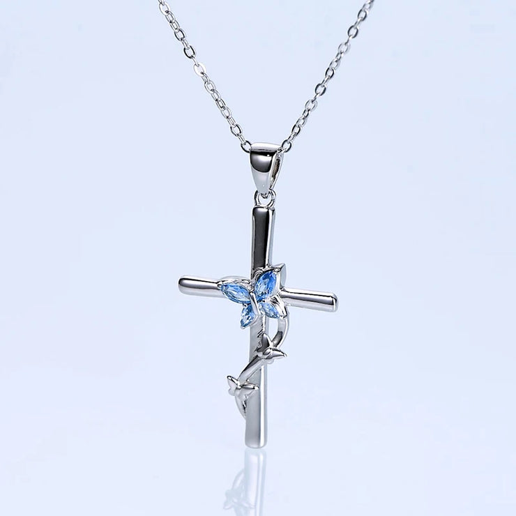 RAPRGOLD 925 Sterling Silver Butterfly Cross Necklace Marquise Cut Blue Cubic Zirconia Pendant Necklaces Fashion Jewelry Gifts