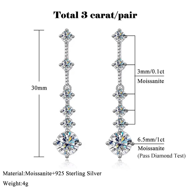FEOBUR 3CT Moissanite Drop Earrings - 925 Silver